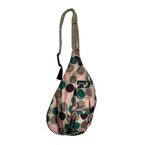 Kavu Tan Rope Sling Bag With Green, Pink, Brown, Tan. Zipper Closures 20”x12”.